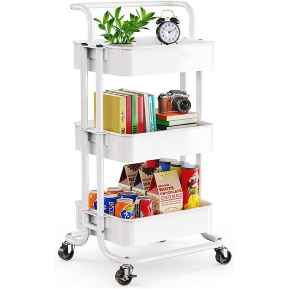 3 Tier Mesh Utility Cart, Rolling Metal Organization Cart with Handle and Wheels